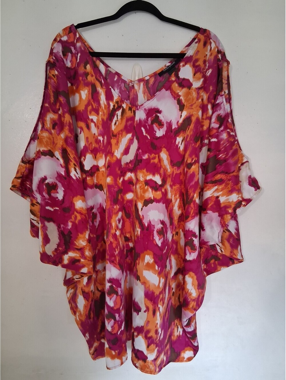 Ashley Stewart Womens 18 Fuchsia Orange Watercolor Cold Shoulder Poncho Top